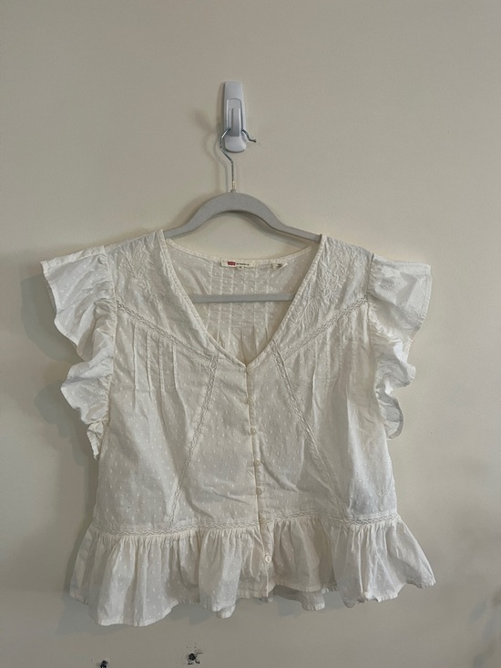 Levi's Tops - Levi’s Cotton Ruffle Button Down Top French Dot Lace Boho S Feminine Cottagecore
